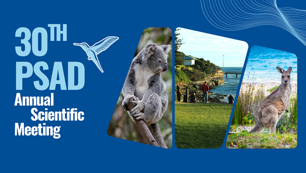 reads "30th PSAD Annual Scientific Meeting" with a graphic of three images: koala, beach, and kangaroo